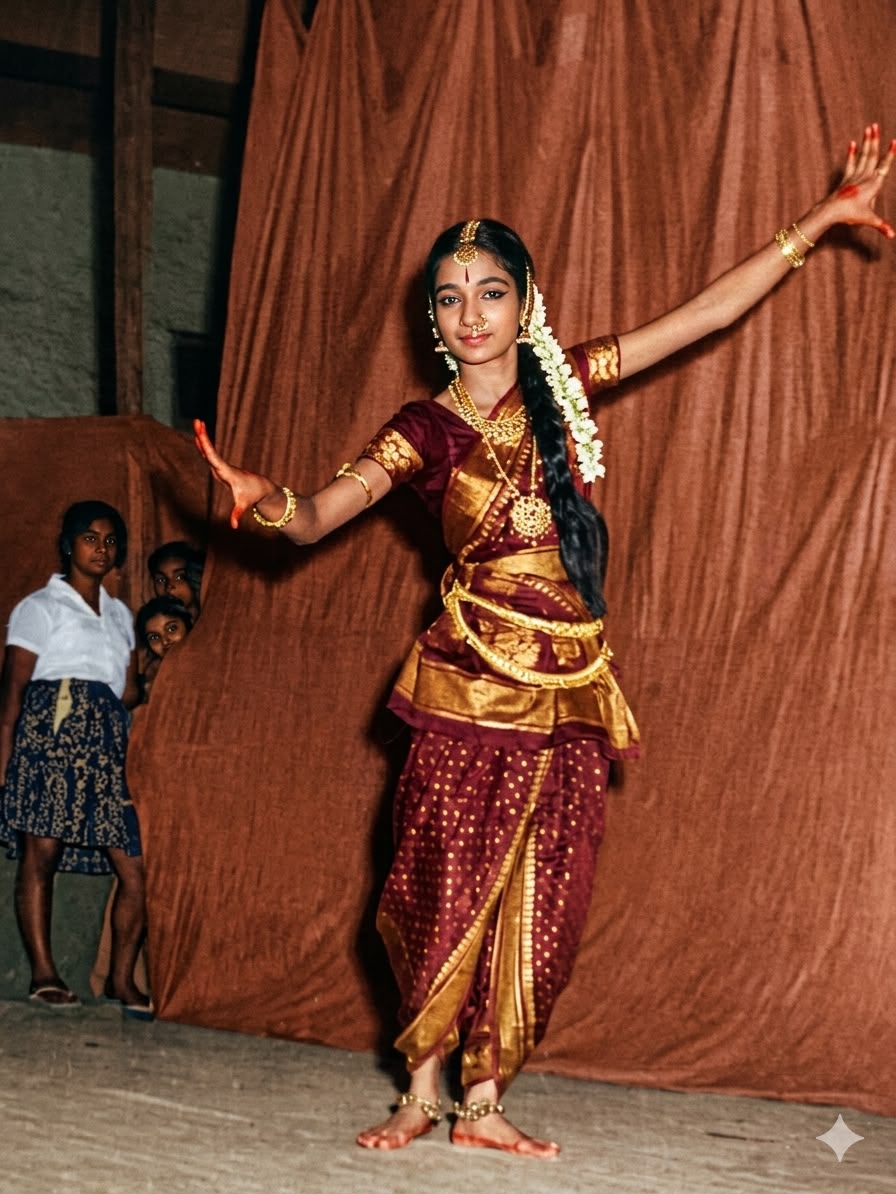 Colourised version of p01: Poyani Oza dancing in a maroon and gold classical costume, arms outstretched, children watching from the wings.
